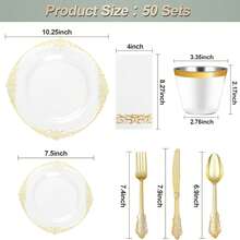 Zerulis 175 Pcs Plastic Plates, Clear And Gold Plates, Elegant Dinnerware Set For 25 Guests Include 25 Dinner Plates 10 Inch , 25 Dessert Plates 7 Inch, 75 Plastic Silverware, 25 Cups, 25 Napkins, Elegant Tableware Set For Wedding ,Party, Thanksgiving - 透明金 - 查看 9