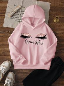 1 件年轻女孩休闲印花连帽运动衫，保暖内衬，长袖，秋冬，学生装 - 可爱的眼睛和长睫毛设计，舒适的外套 - 粉色 - 查看 2