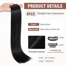 Extensiones de cabello con clip, color negro, 24 pulgadas, 6 unidades, largas y rectas, sintéticas, para uso diario, para mujeres y niñas. - Negro 1B - Ver 4