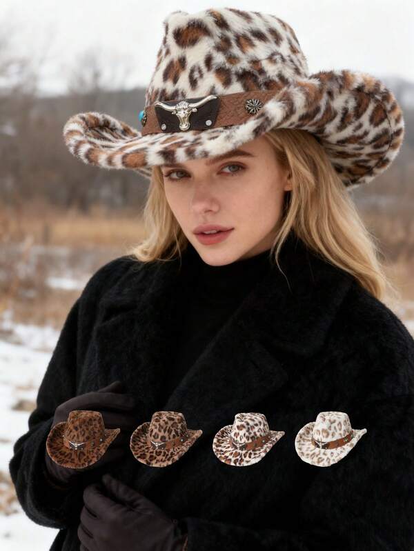 1 peça chapéu compacto embalado, chapéu fofo com estampa de leopardo feminino, combinado com cinto largo decorado com cinto de cabeça de touro dourado/prateado, chapéu de cowboy exclusivo para atividades ao ar livre, estilo versátil unissex