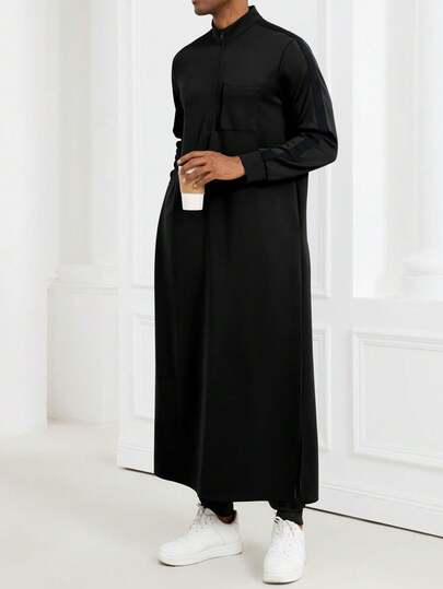 Middle East Arabia,Modern Islamic Clothing For Men,Kamisweat Thobe,Muslim Men's Grey Thobe Kamees,A Fashionable Stand-Up Collar Long Hoodie