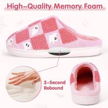Cozy Plush Halloween Pumpkin Slippers, Non-Slip Fluffy Design - 粉紅色格子 - 查看 5