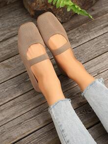 女士编织玛丽珍平底鞋，纯色方头鞋，舒适优雅针织休闲平底鞋，学生鞋，女士休闲鞋 - 卡其色 - 查看 4