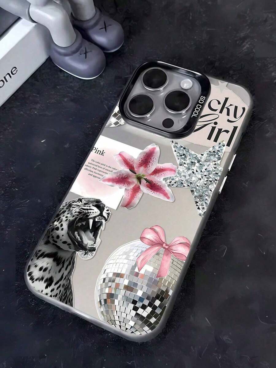 1pc Leopard Floral Patchwork Pattern Black IMD Shockproof Anti-Fingerprint Phone Case Compatible With IPhone 16/16Pro/16Plus/15/15ProMax/15Pro/11/12/13/14ProMax/11Pro/11ProMax/12Pro/12ProMax/13Pro/13ProMax/14Pro/14ProMax, Stylish & Creative - Multicolor - View 1