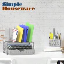 SimpleHouseware Mesh Desk Organizer with Sliding Drawer, Double Tray and 5 Upright Sections, Black - Plateado - Ver 8