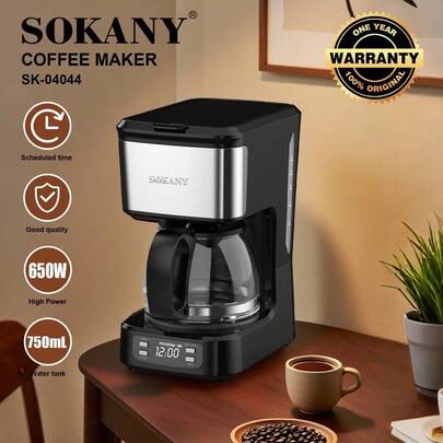 SOKANY 04044 Commercial Premium American Coffee Maker, Coffee & Tea 2-In-1 Machine, 650W High-Efficiency Heating, Durable Metal Body, Pre-Infusion Technology To Enhance Extraction, Fully Unleash Coffee Flavor, 750ml Large Capacity To Serve 6 People At Once, 24-Hour Preset, Enjoy Fresh Brewed Coffee In The Morning, Suitable For Dorm, Home And Office
