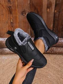 Women's Winter Fashion Casual Snow Boots (Please Note: The Shoes Are One Size Smaller. It Is Recommended To Buy One Size Larger.) - Solid Color, Comfortable And Easy-To-Wear Shoes, Suitable For Daily And Home Use, Round Toe Design, Textile Upper And Lining, Simple Style. - Black - View 2
