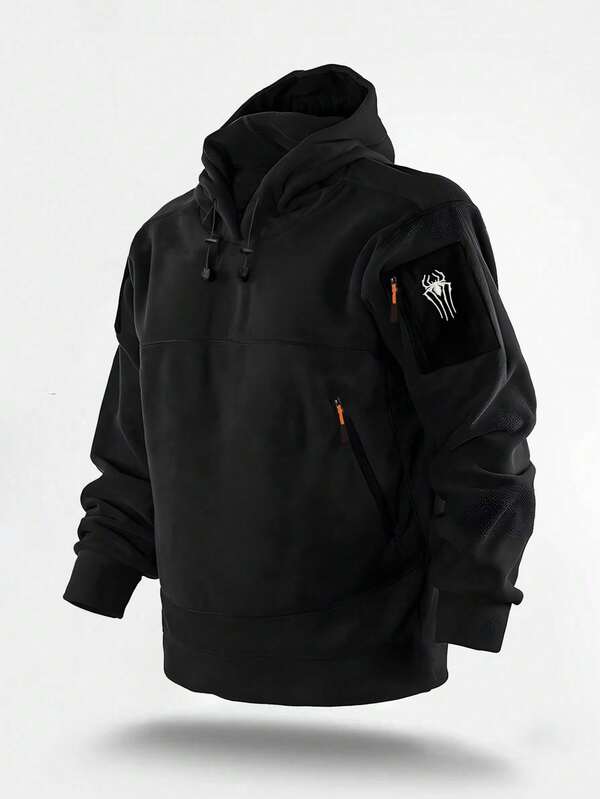 Męska bluza z kapturem z polaru w stylu jesienno-zimowym z wieloma kieszeniami i haftem pająka