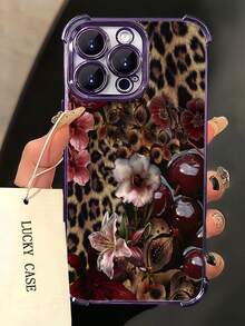 1pc Leopard Cherry Flowers Compatible With Apple Phone17/16/15/14/13/12/11/ProMax/Pro/Plus/Xs Max/XS/X,Four Corner Anti Fall Transparent Soft Shell Anti-Slip, Anti-Drop, Camera Lens Protection, Silicone Anti Wear Phone Case - 深紫色 - 查看 5