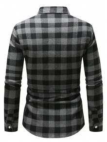 Men's Long Sleeve Brushed Plaid Shirt, Business Casual, Black & White, Autumn/Winter - Grey - View 3