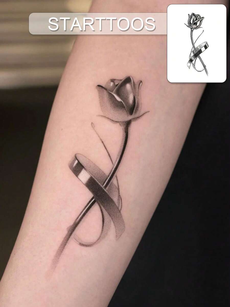 STARTTOOS 1pc Liquid Metal Silver Gray Cyberpunk Mechanical Rose Pattern Tattoo Temporary Tattoo Sticker For Arm, Ankle And Body Skin - Black - View 1