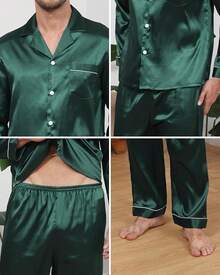 BigKing Men's Silk Satin Pajama Set, Men's Pajama Set, Soft, Long Sleeve, Button-Down - Khaki - View 7