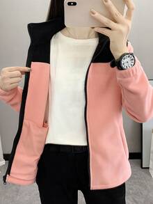 女士户外抓绒外套，立领，修身，加厚，保暖，适合徒步、运动、秋冬季、滑雪 - 粉色 - 查看 4