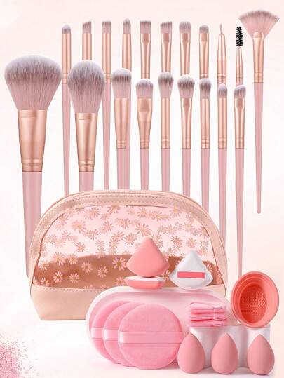 34 piezas Juego de brochas de maquillaje que incluye 20 brochas de maquillaje suaves como brocha para polvo, brocha para rubor, brocha para contorno, brocha para iluminador, brocha para base, brocha para nariz, brocha para sombra de ojos, brocha para cejas, brocha para labios y brocha de detalle; también incluye 1 bolsa de maquillaje impermeable, 3 esponjas de maquillaje triangulares, 3 borlas de maquillaje, 3 difuminadores de maquillaje, 3 borlas de polvo redondas y 1 recipiente para limpiar brochas.