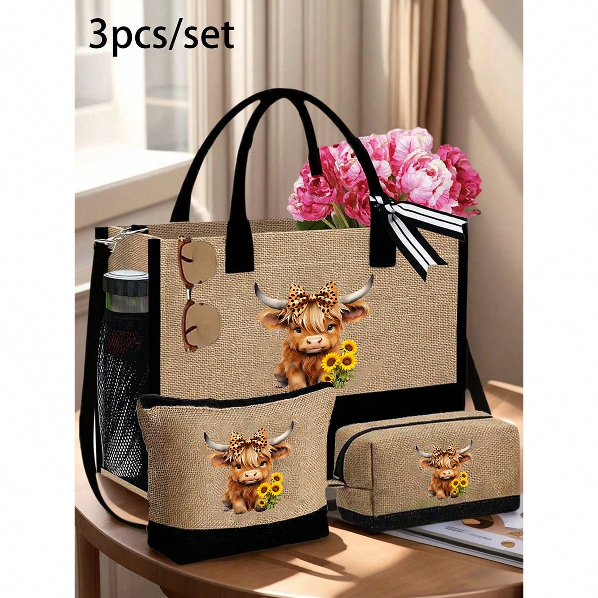 Cute Highland Cow Themed Tote Bag Set, Including One Tote Bag And One Black Coin Purse, Bow Leopard Design Highland Cow Pattern, Large Capacity Handbag, Shoulder Bag, Linen Shopping Bag, Beach Bag; Beauty Bag, Nail Polish Storage Bag, Calf Pattern Dinner Bag, Cute Style Charger Storage, Travel Sundries Sorting Bag, Suitable For Vacation, Work, Commuting, School, Back To School, Christmas Gifts, Halloween Gifts