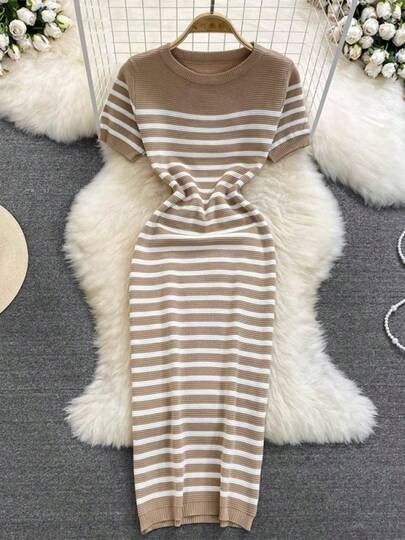 Vestido de verano de punto a rayas de playa, vestido de verano entallado de manga corta y cuello redondo, vestido de calle para exterior, vestido de rayas para mujer.