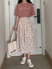 Falda larga de mujer plisada con estampado floral vintage, falda corta coreana, ropa de calle, falda midi, cintura elástica y cordón, falda halter de mujer - Albaricoque - Ver 7