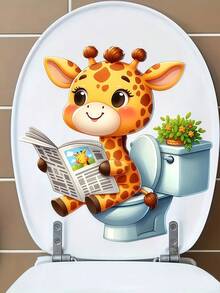 1pc Home Decorations Cute Funny Cartoon Animals Newspaper Reading Toilet Sticker - Waterproof Self-Adhesive Bathroom Sticker, Compatible With Ceramic Surfaces, Animal Theme, Square, Must-Have Decorative Sticker For Home, Toilet Decoration Items Refresh Your Home