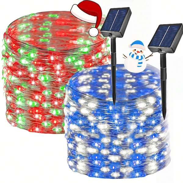 أضواء سلسلة LED بطاقة شمسية للعيد المجيد - 8 أوضاع، أضواء جنية متلألئة مع مستشعر ضوء للديكور الخارجي، مثالية للحديقة والشرفة والفناء والشرفة - أزرق وأبيض وأحمر وأخضر، ديكور عيد الميلاد