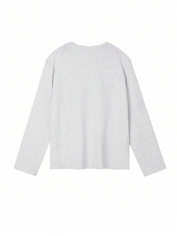 Y2K、200g 100%コットンTシャツ、2025レディース春/秋スタイル、英語プリント長袖ファンTシャツ、カップルスタイル、インナーウェア、アウターウェア、オフィスカジュアルラウンドネックプルオーバートップ - ライトグレー [レディース秋服/おもしろTシャツ] - 見る 3