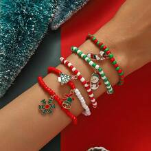 5pcs/Set Christmas Santa Claus & Snowflake Shaped Pendant Bracelets, Lucky Charm Jewelry Set, Christmas Gift - Rice Bead Set - View 6