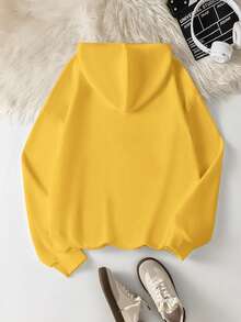 Letter Print Hooded Sweatshirt For Women, Loose Fit Casual Streetwear American Style Yellow Top, Autumn/Winter - Yellow - View 6