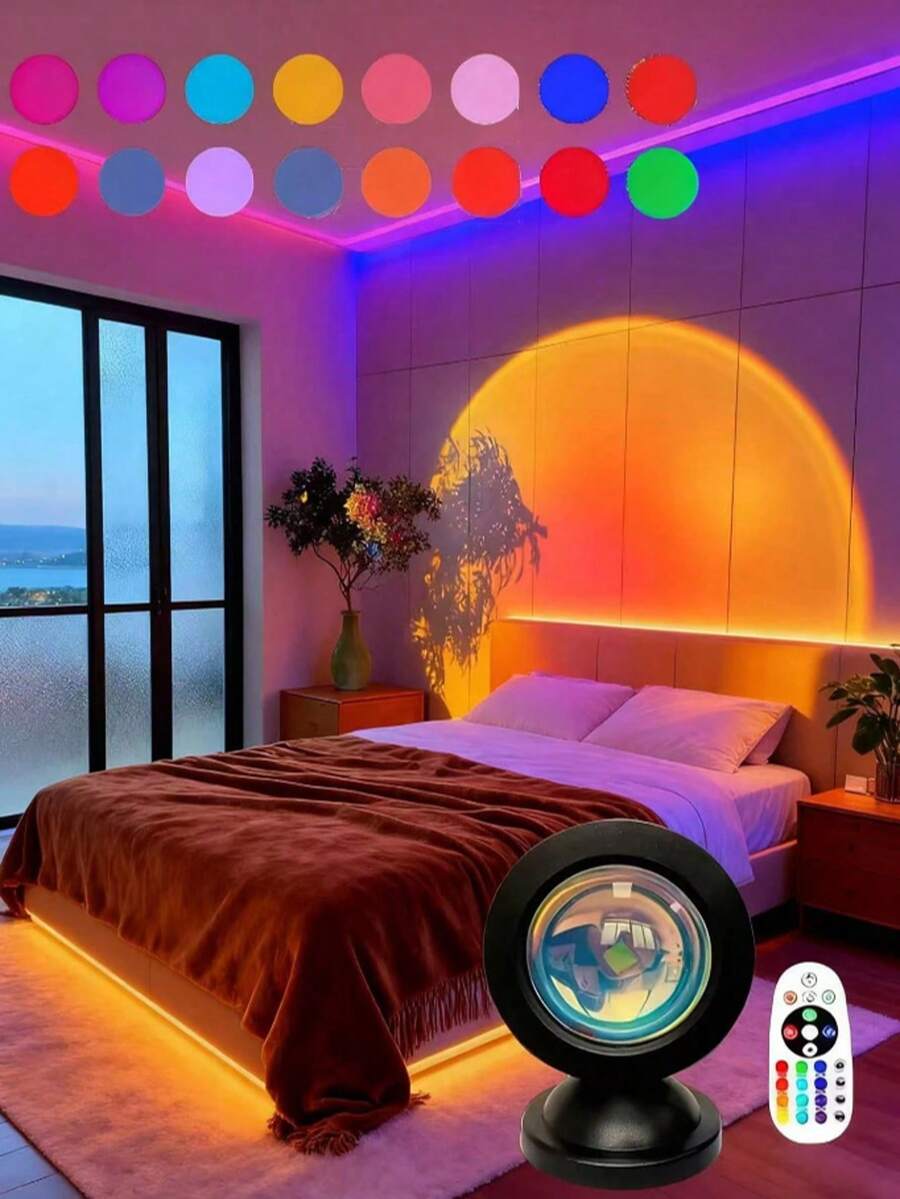 Sunset Projection LED Lamp - 16-Color RGB Night Light With 4 Modes, Sunlight/Sunrise/Rainbow Projector, Remote Control & USB-Powered For Photography, Home Decor, Camping, Christmas, Halloween, Weddings, Night Light Projector, Event Ambiance, Modern Circular Design, Lightweight Design - 多色光 - 查看 1