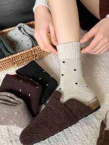 4双波点保暖内衬袜，可爱百搭复古保暖中筒袜，适合秋冬季节，舒适袜子 - 彩色 - 查看 5