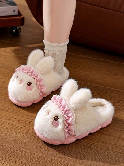 1 双女士保暖毛绒兔子厚底一脚蹬家居拖鞋，冬季