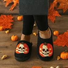 Cozy Plush Halloween Pumpkin Slippers, Non-Slip Fluffy Design - Cracked Pumpkin - View 3