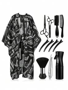 专业理发用品：1/2/4/12 件理发工具套装，包括美发披肩、长袍、带颈掸的理发剪刀、发夹、胡须刷、胡须剃刀、理发梳、美发围裙、染发披肩、清洁刷、沙龙喷雾瓶、造型喷雾瓶、酒精喷雾瓶、高压喷雾瓶和美发工具套装。 - 彩色 - 查看 1
