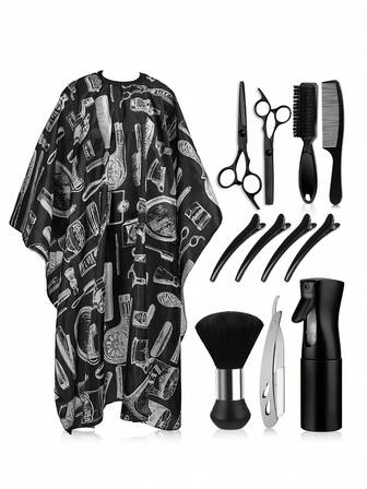 Professionella barbertillbehör: 1/2/4/12-delars barberverktygsset, inklusive frisörkappa, morgonrock, barbersax med halsduk, hårspännen, skäggborste, skäggrak, hårklippkam, frisörförkläde, hårfärgningskappa, rengöringsborste, salongsprayflaska, stylingsprayflaska, alkoholsprayflaska, högtryckssprayflaska och ett frisörverktygsset.
