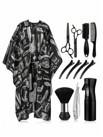 Suministros profesionales para barberos: Juego de herramientas para barberos de 1/2/4/12 piezas, que incluye capa para peluquería, bata, tijeras de peluquería con cepillo para el cuello, pinzas para el cabello, cepillo para barba, navaja para barba, peine para cortar el cabello, delantal para peluquería, capa para teñir el cabello, cepillo de limpieza, botella de spray para salón, botella de spray para peinado, botella de spray de alcohol, botella de spray de alta presión y un juego de herramientas para peluquería.