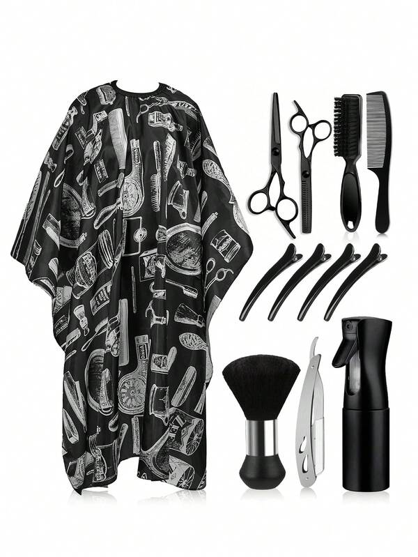 Professional Barber Supplies: 1/2/4/12-Piece Barber Tool Set, Including A Hairdressing Cape, Robe, Barber Scissors With Neck Duster, Hair Clips, Beard Brush, Beard Razor, Haircut Comb, Hairdressing Apron, Hair Dye Cape, Cleaning Brush, Salon Spray Bottle, Styling Spray Bottle, Alcohol Spray Bottle, High-Pressure Spray Bottle, And A Hairdressing Tool Set.