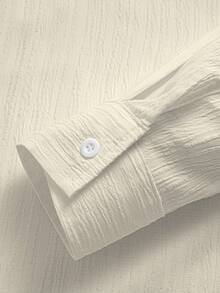 Men Breathable Casual Textured Fabric Solid Color Lapel Button-Up Long Sleeve Pocket Design Loose Thin Shirt, Paired With Solid Color Pants, Ideal For Outings And Commuting, 2 Pieces Set, Fall Clothes - Apricot - View 6