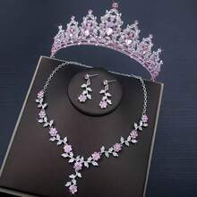 1pc Women's Pink Valentine's Day/Birthday Crown Necklace & Earrings Set, Suitable As Valentine's Gift And For Party Occasions