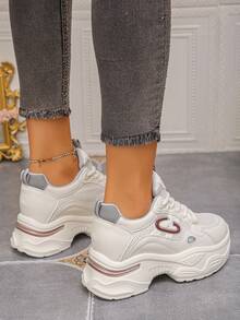 Women's Solid Color Thick Sole Sneakers With Front Tie Closure, Outdoor Tennis Shoes With Mesh Detailing, Khaki