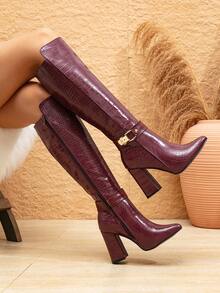 女士新款时尚鳄鱼纹酒红色高筒靴，粗跟尖头侧拉链连衣裙靴，适合秋冬季节，也适合万圣节、圣诞节、感恩节、新年等场合，及膝长靴 - 酒紅色 - 查看 4