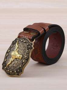 1 szt. męski pasek kowbojski w stylu western, szeroki pasek z głową byka, klamra do paska z motywem głowy byka, pasek outdoorowy, skórzany pasek w stylu boho, pasek na prezent - Brązowy - Zobacz 1