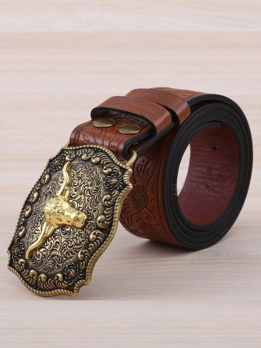 1 szt. męski pasek kowbojski w stylu western, szeroki pasek z głową byka, klamra do paska z motywem głowy byka, pasek outdoorowy, skórzany pasek w stylu boho, pasek na prezent - Brązowy - Zobacz 1