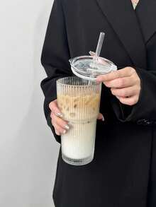 1pc Elegant Striped Glass Coffee Cup (With Lid & Straw), 600ml - Vertical Stripe Design, Fashionable Household Drinking Cup For Coffee, Juice And Tea - Ideal For Home And Restaurant Use, Great Gift For Mother's Day And Easter - Multicolor - View 8