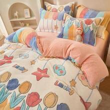 1pc Snowflake Fleece Floral & Cartoon Print Pink Duvet Cover, Warm & Reversible For Bedroom Bedding, Suitable For Spring, Autumn & Winter (Duvet Insert Not Included) - Pink - View 5