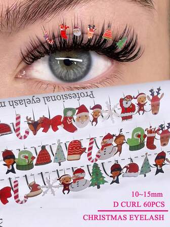 60pcs Christmas Individual Lashes With Santa Claus Deer Decoration Colorful Glitter False Eyelash Extensions Wholesale Premium Cosplay Sparkle Individual Lashes For Halloween Party Makeup