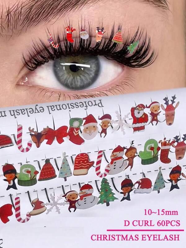 60pcs Christmas Individual Lashes With Santa Claus Deer Decoration Colorful Glitter False Eyelash Extensions Wholesale Premium Cosplay Sparkle Individual Lashes For Halloween Party Makeup
