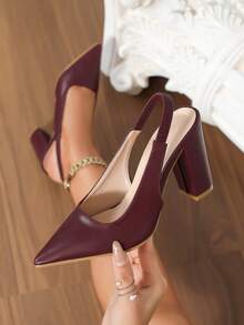 Modne damskie bordowe buty na wysokim obcasie z szpiczastym noskiem, z odsłoniętym tyłem i elastyczną taśmą, na grubym obcasie, w eleganckim stylu europejskim i amerykańskim - Burgund - Zobacz 5