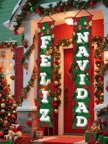 1 套西班牙语“Feliz Navidad”双语英语-西班牙语节日横幅，/金铃铛和花环图案 - 门墙装饰，适合圣诞节，新年前夜派对（易于悬挂），2D 平面，圣诞装饰，圣诞门装饰，圣诞派对装饰，户外圣诞横幅，圣诞装饰，圣诞墙背景，节日圣诞门横幅 - 彩色 - 查看 1