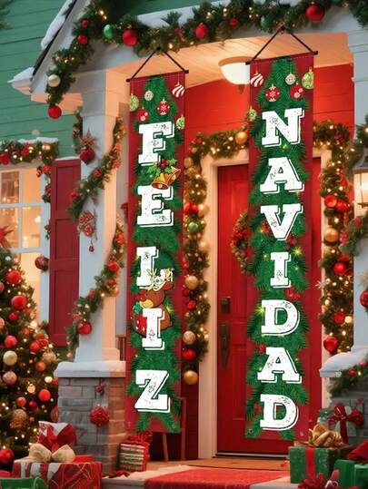 1 套西班牙语“Feliz Navidad”双语英语-西班牙语节日横幅，/金铃铛和花环图案 - 门墙装饰，适合圣诞节，新年前夜派对（易于悬挂），2D 平面，圣诞装饰，圣诞门装饰，圣诞派对装饰，户外圣诞横幅，圣诞装饰，圣诞墙背景，节日圣诞门横幅