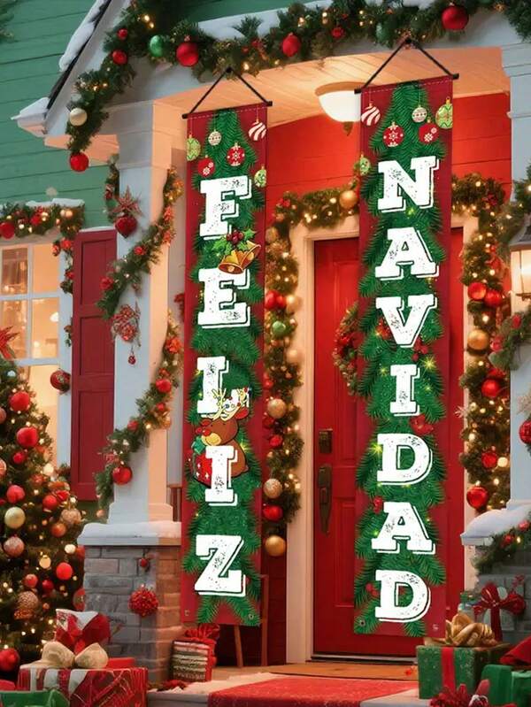 1 Set Pancarta bilingüe inglés-español "Feliz Navidad", con patrón de campana y corona dorada - Decoración de puerta y pared, adecuada para Navidad, Nochevieja (fácil de colgar), plana 2D, decoración navideña, decoración de puerta navideña, decoración de fiesta navideña, pancarta navideña para exteriores, decoración navideña, telón de fondo navideño para pared, pancarta navideña para puerta
