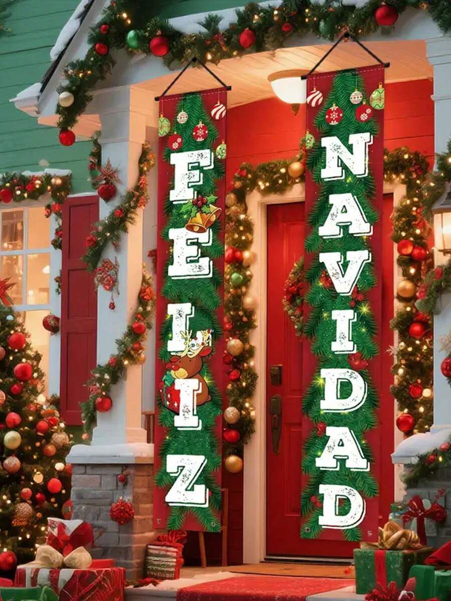 1 套西班牙语“Feliz Navidad”双语英语-西班牙语节日横幅,/金铃铛和花环图案 - 门墙装饰,适合圣诞节,新年前夜派对(易于悬挂),2D 平面,圣诞装饰,圣诞门装饰,圣诞派对装饰,户外圣诞横幅,圣诞装饰,圣诞墙背景,节日圣诞门横幅 - 彩色 - 查看 1