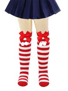 1 par de calcetines largos a la rodilla con rayas, pompones y moños para niñas y adolescentes en Navidad